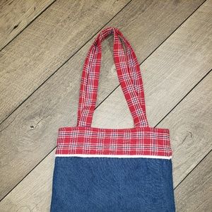Tote Bag Blue Denim with Red Plaid accent